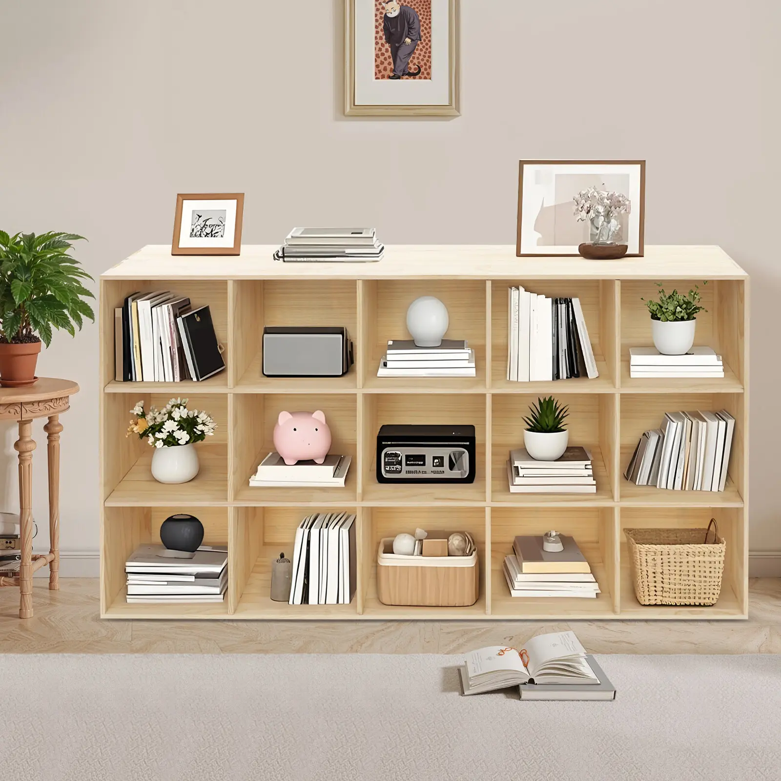 Rectangular 15-Compartment Solid Wood Bookcase, 100kg Load Capacity, for Living Room & Office, 150*30*90Cm