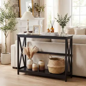 Slim Narrow Entryway Console Table - X-Brace Stability, 200 LB Capacity Waterproof Wood Top, Open Bottom Shelf for Storage Bins, Furniture for Apartment, Apartment Decor for Small Spaces & Hallways