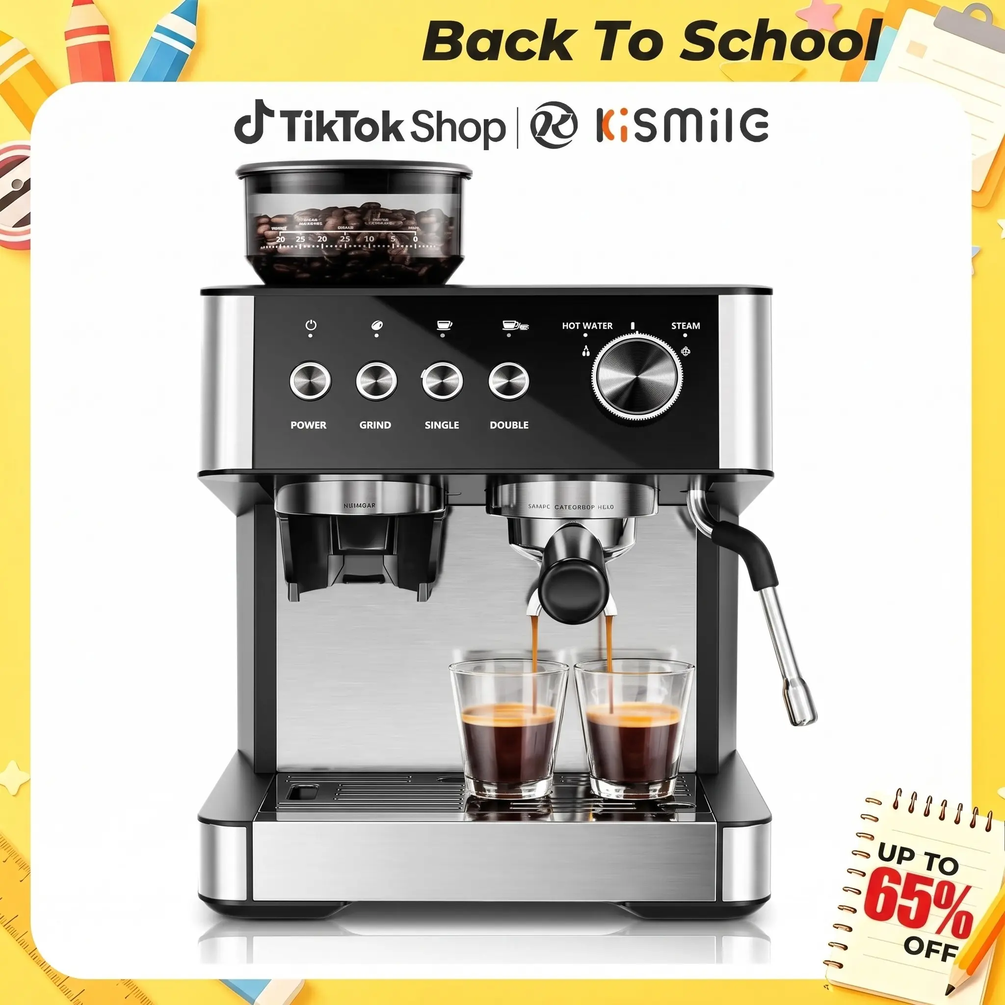Kismile Back To School Automatic Espresso Coffee Machine - 20-Bar Pump, Built-In Grinder, 1500W Motor, Timer, Removable Water Tank, Milk Frother Steam Wand, 12+Cup Capacity, Descaling Function, US Plug, Kitchen Supplies for Latte At Home, Italy, Automatic