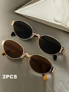 2 Pairs of Women's Metal Frame Oval Sunglasses, Stylish Everyday Wear, Fashionable Accessories for Women, Trendy Beach Eyewear