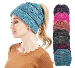 Ladies Mixed Color Knitted Wool Hat – Ponytail Beanie, Soft Acrylic, Stylish Winter Headwear
