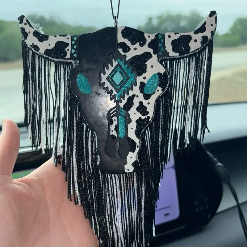 Turquoise Bull Freshie Scent Black Ice Car Air Freshener with Fringe Design and Turquoise Accents