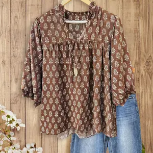 SageVell Charming Vintage Floral Printed V Neck Blouse Women's Cozy 3/4 Sleeve Top Brown Fabric Medium Cotton Viscose Fitted Shirts Boho Elegant Feminine Jeans Outfit SpringStatements