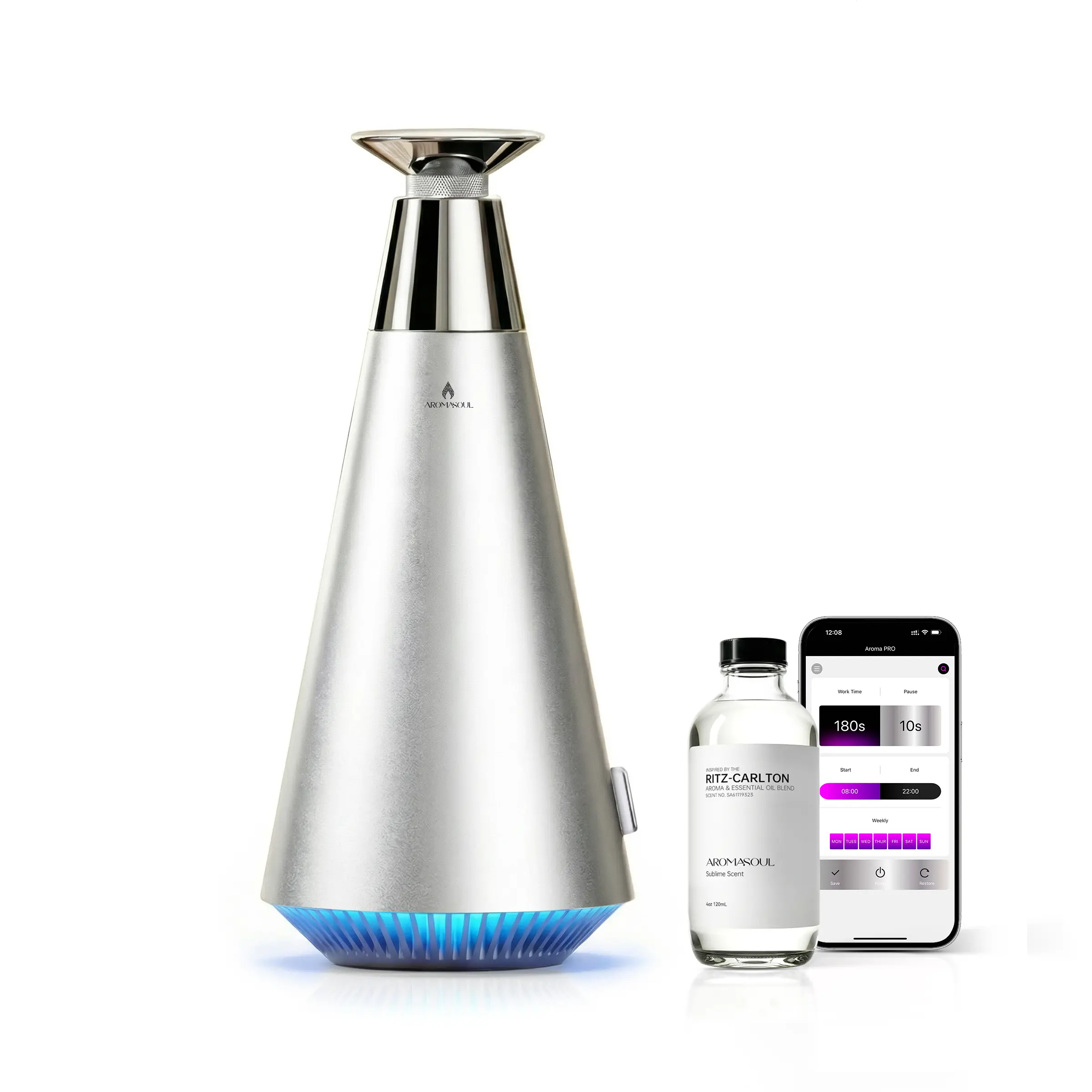 AROMASOUL Waterless Scent Diffuser Starter Kit - 1500 Sq Ft Coverage, Alloy Atomization System, Mood Light, Smart Rechargeable Hotel Fragrance Freshener, 120ml Essential Oil, Dry Mist No Mess, Silver for Home Spa, Large Room