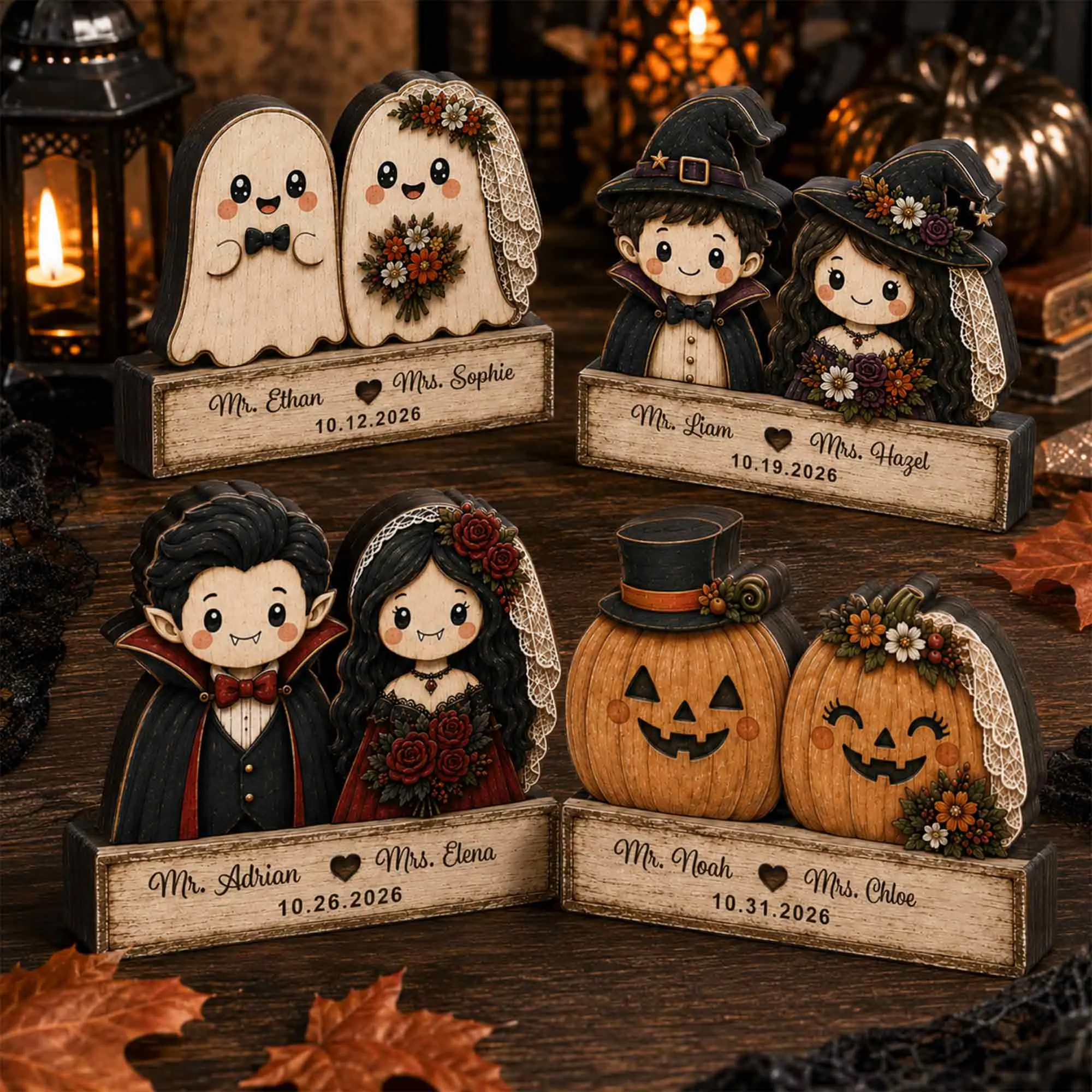 Personalized 2D Flat Ghost Couple Wedding Wooden Plaque, Custom Ghost Bride-Groom Sign with Mr & Mrs Names, Spooky Halloween Decorations 2026, Unique Home Decor Gift
