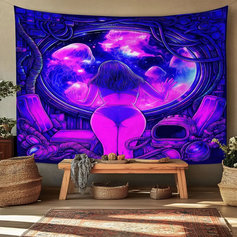 1pc Large Size Tapestry Wall Mural - Blacklight-Reactive Glow-in-the-Dark Abstract Alien Woman Universe Galaxy Unique Art, Vibrant Colors Functional Usage Home Decor for Bedroom Meditation Space, Artwork