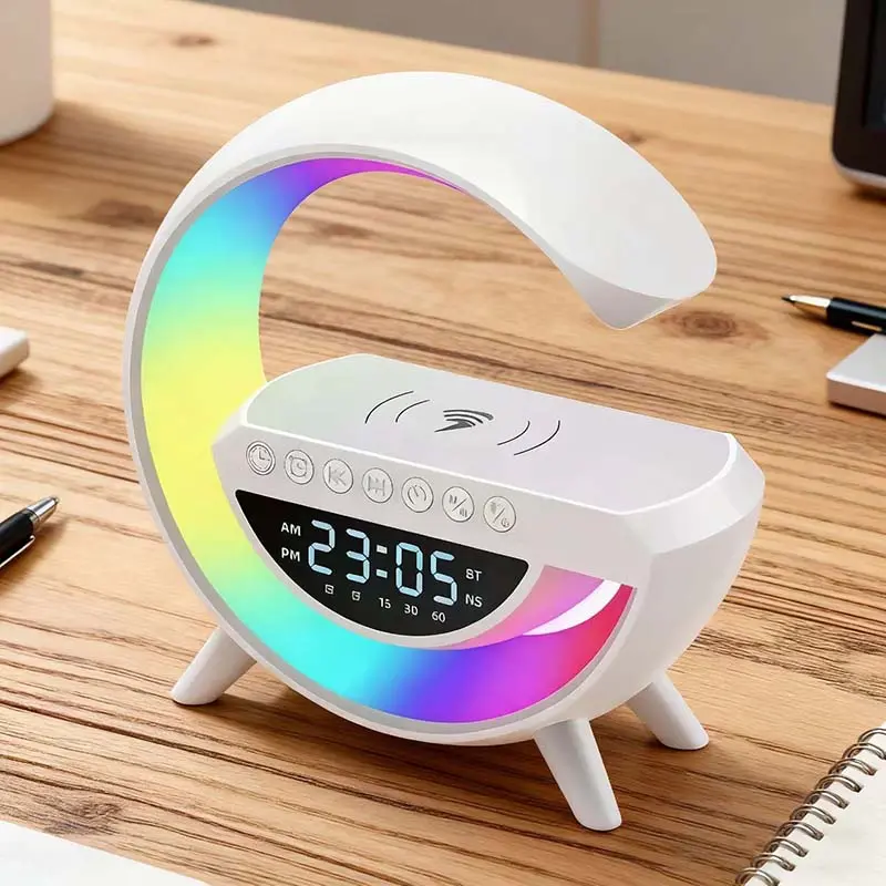 New LED Table Lamp Wireless Charging Atmosphere Lamp with  Bluetooth Speaker Dimmable Night Light Bedside Lamp Alarm Clock for Christmas Gifts Chargeable Audio