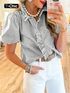 Summer Women's Blue Contrast Striped Bubble Sleeve Stand Collar Pleated Casual Commuter Short Sleeve Button Shirt Blouse