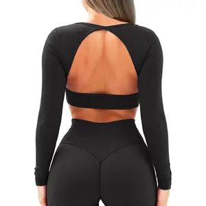 Backless Workout Tops for Women Long Sleeve Gym Shirts Open Back Crop Top Cute Going Out Tops Yoga Athletic Tops