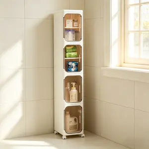 4-Tier Slim Storage Cabinet with Drawers & Doors, Foldable Plastic Organizer with Wheels, Adjustable Shelves, Stackable Narrow Storage for Bathroom, Kitchen & Small Spaces
