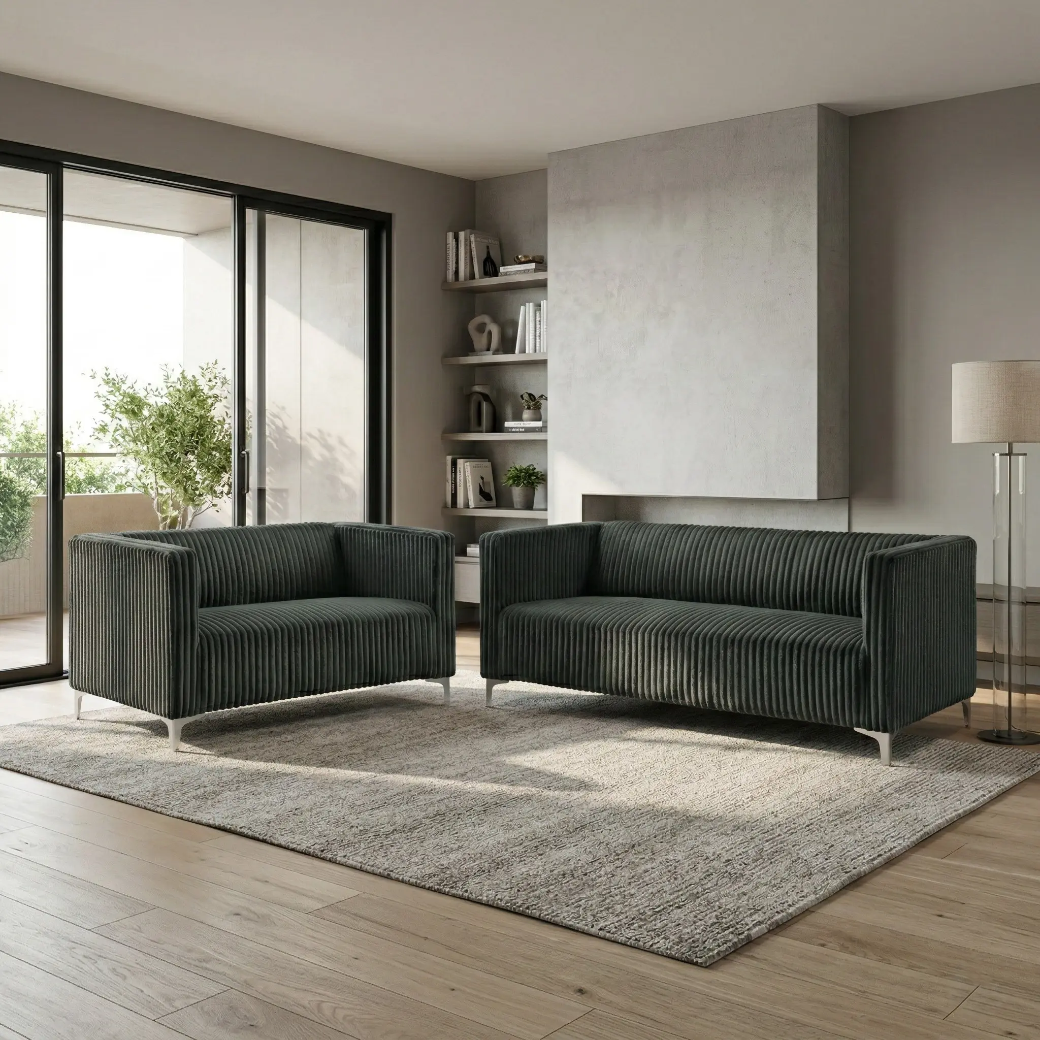 Favorer Gavin 2-Piece Velvet Indoor Living Room Furniture Set - Square Arm Sofa & Loveseat, Channel Tufting, Corduroy Finish, Sleek Metal Legs, Compact 30.7" D, Assembly Required for Home Decor