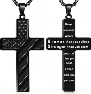 Stainless Steel Cross Black Pendant Fashion Necklace, Bible Verse American Flag Pendant Chain,for Men, Husband, Father, Mother's Day Gifts