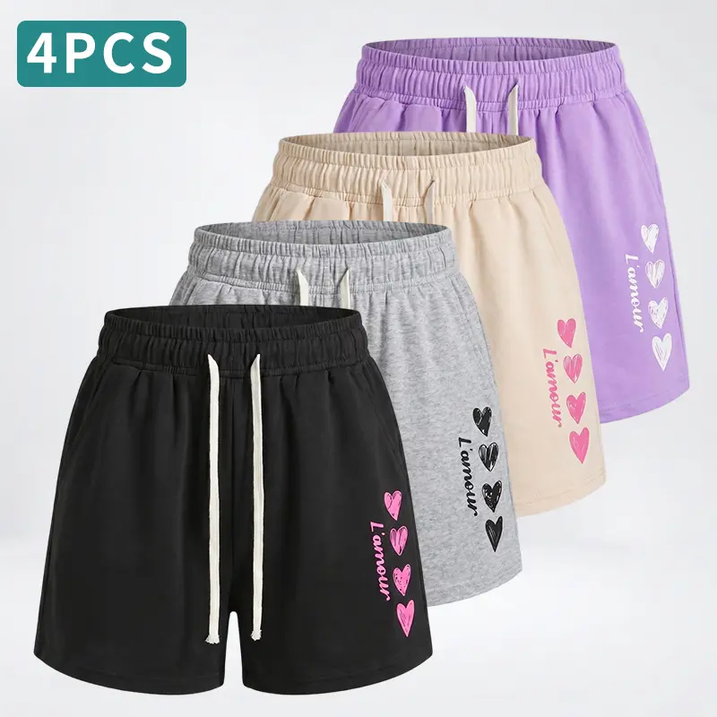 95% polyester fabric, 4-pack women’s casual athletic shorts available in four colors, featuring stylish graphic prints; suitable for running and everyday workouts, comfortable casual wear, ideal for outdoor activities and sports runs.