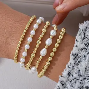 Gold Beaded Bracelets for Women, 14K Real Gold Plated Jewelry for Women Dainty Pearl Bead Bracelets Stack, Non Tarnish Trendy Stackable Ball Cross Stretch Bracelet Set Fashion Accessories Gifts