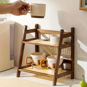Double layer wooden cup storage rack, 26cm/10 inch artificial rattan mug organizer, suitable for kitchen and living room, display storage rack, compact desktop rack, can hold mugs, cups and small items, space saving design, vertical rack, Standing Shelf