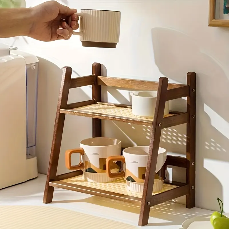 Double layer wooden cup storage rack, Cup Storage Holder, 26cm/10 inch artificial rattan mug organizer, Durable storage, suitable for kitchen and living room, compact desktop rack, holds mugs, cups, Cup Holders, space saving design, vertical rack