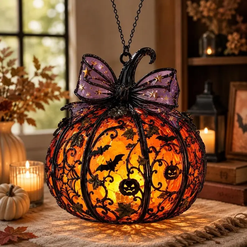 Spooky Gothic Halloween Pumpkin Hanging Lantern | Vintage Filigree Metal Pumpkin Ornament with Purple Bow & Warm LED Glow | Premium Festive Home Decor Holiday Gift