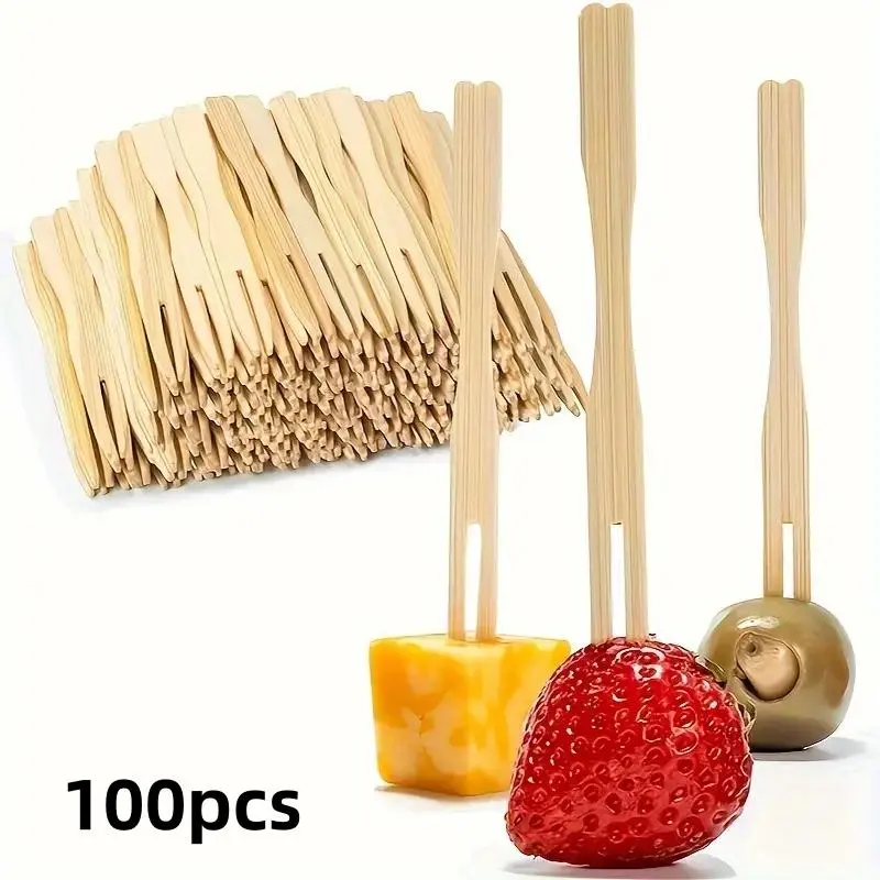 Bamboo Fruit Fork (100pcs), Disposable Mini Fork, Fruit Dessert Fork, Disposable Utensils, Party Tableware for Wedding, Cocktail Party, Picnic, Party Supplies