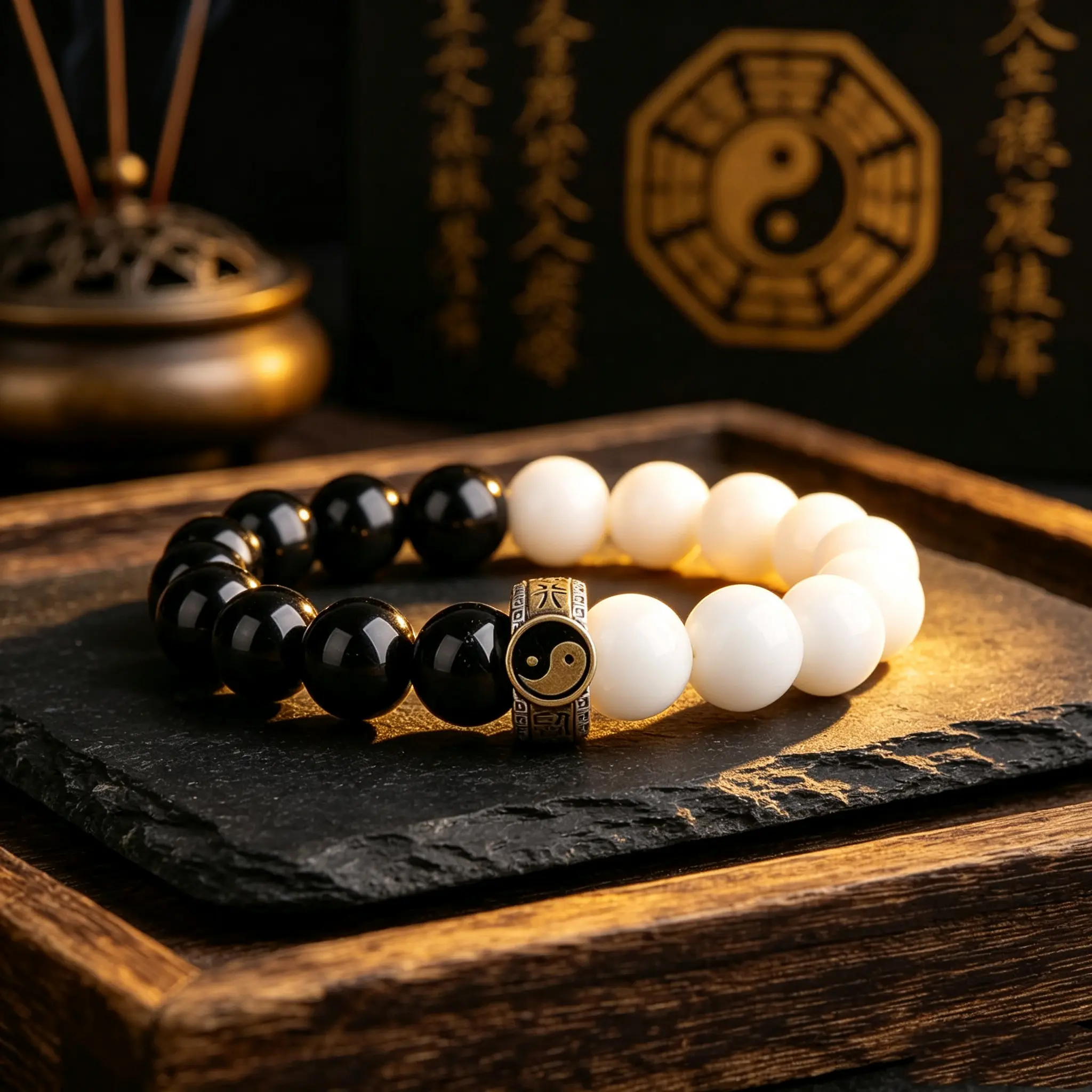 Black and white Taiji Bagua unisex bracelet featuring Taoist culture, suitable for enhancing fortune, career, and love.