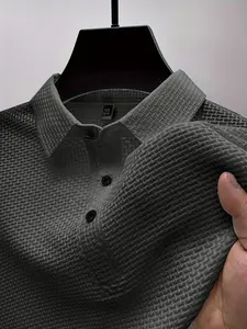 Men's Solid Color Jacquard Textured Polo Shirt, Regular Fit Casual Short Sleeve Button Front Collared Top for Summer, Fashion Men's Clothes for Daily Wear, Menswear
