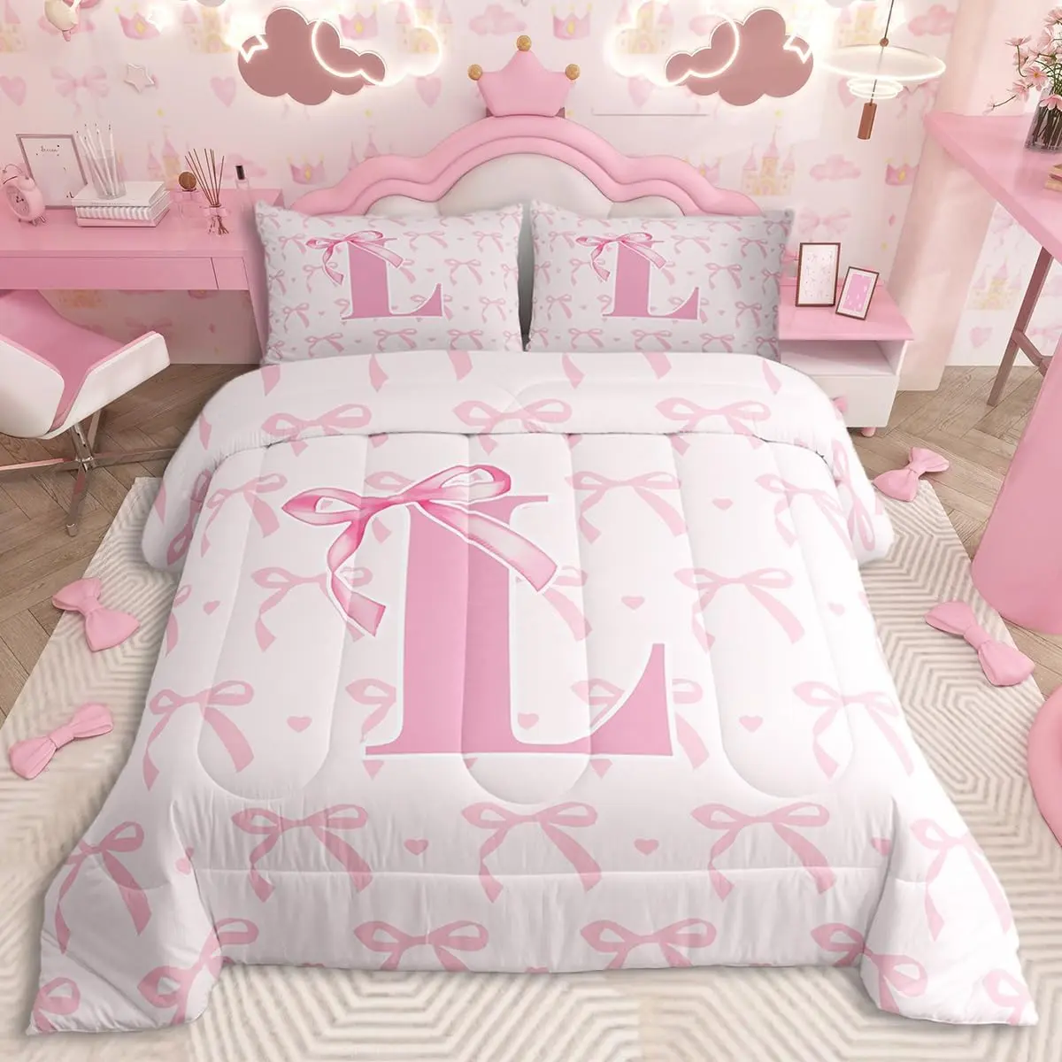 Cute Pink Bow Bedding Set Personalized Letter L Comforter Set,Cute Coquette Bow Knot Ultra Soft Duvet Quilt,Initial Letter L Comforter Monogrammed Bedroom Decor