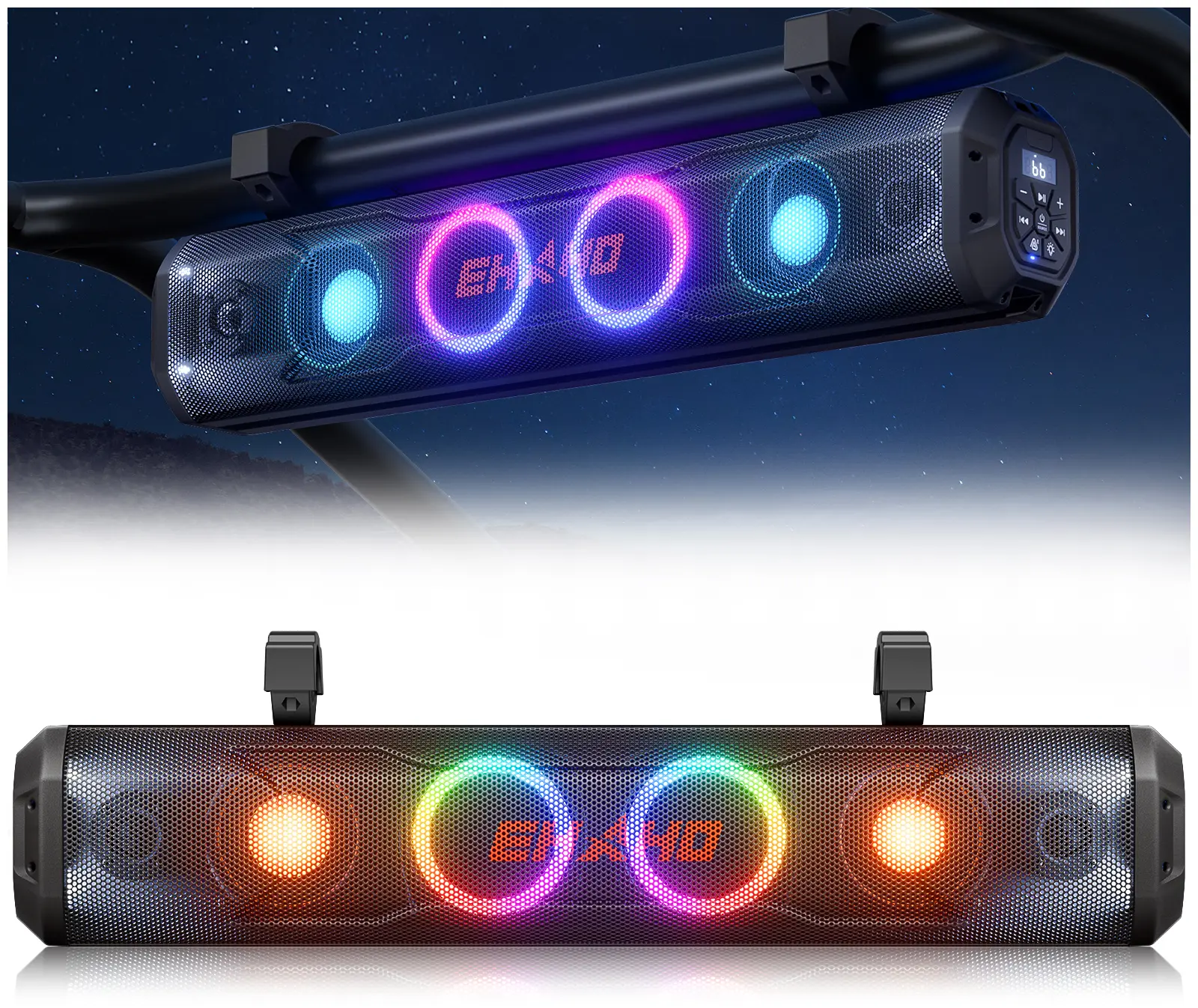 Ehaho 26-Inch 6-Speaker UTV Sound Bar Sound System – 500W Trail Power Bluetooth Aftermarket Car Stereo Speakers, IP66 Waterproof, Color-Changing RGB & Strobe LED Lights, Compatible with Polaris RZR, CFmoto