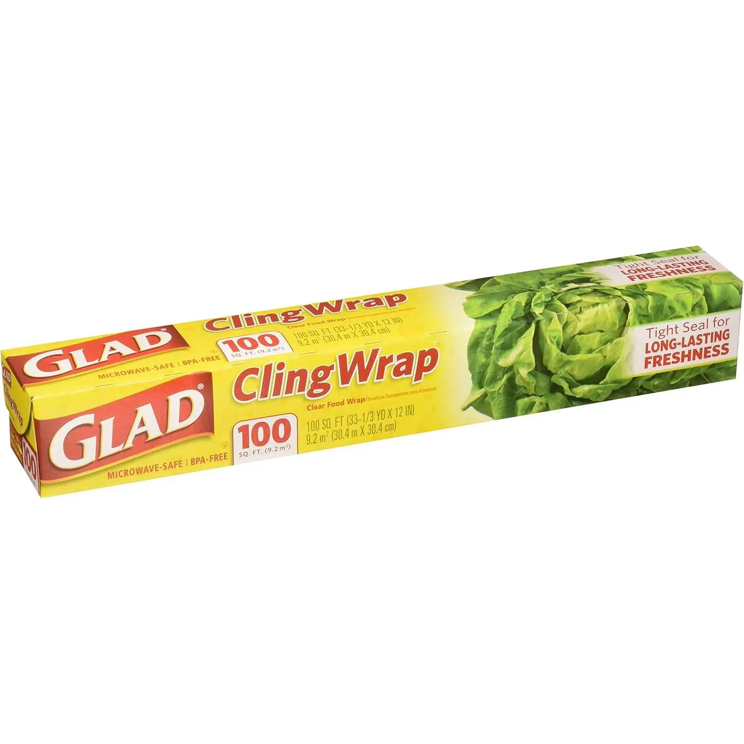Glad Cling Wrap, Clear BPA-Free Food Wrap, Microwave Safe, 100 Sq Ft/Roll, 12" x 33.3 Yd, 2-Pack