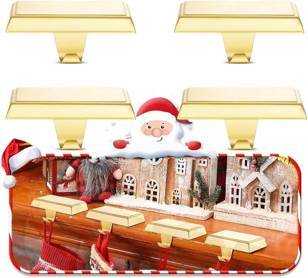 Set of 4 Christmas Stocking Holders for Mantle Christmas Stocking Hanging Hooks Weighted Stocking Holder Bases for Holiday Xmas Fireplace Window Home Table Decor (Gold)