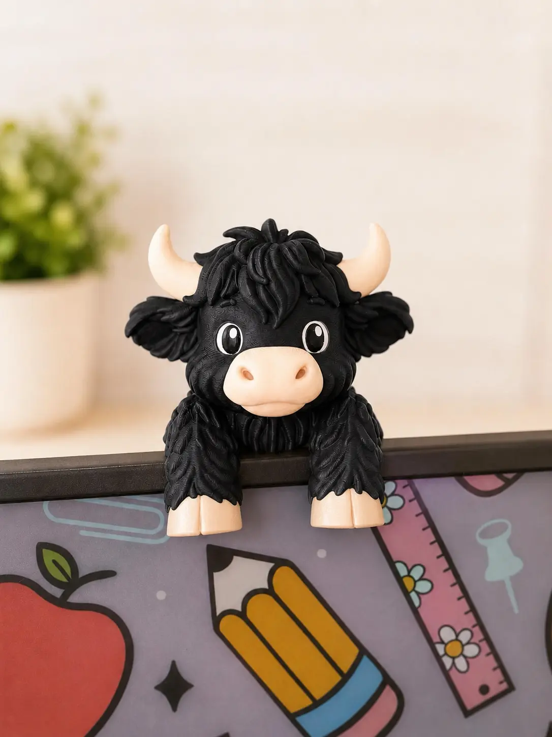 Black Highland Cow 3D Printer Monitor Buddy - Home Decor Desk Accessory, Secure Fit Screen Topper, Cute Aesthetic Companion for Cow Lovers