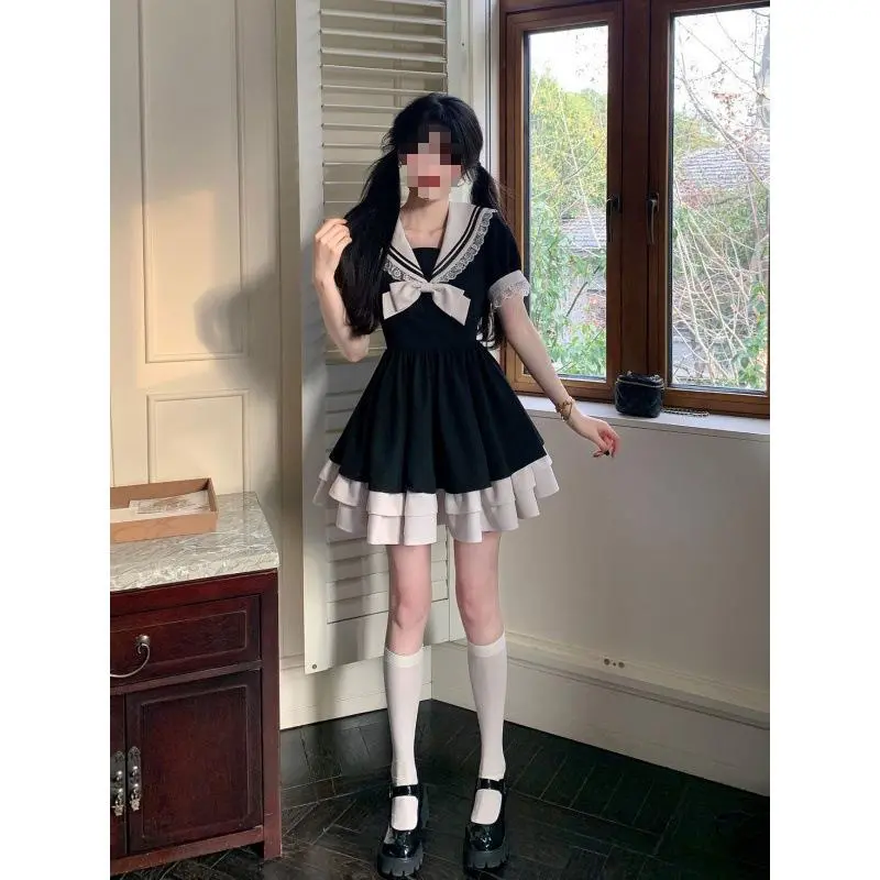 Sweet Sailor Collar Little Black Dress, Lace Trim Bow High Waist Preppy Summer Mini Dress