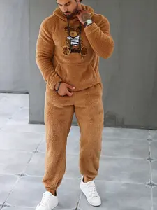 Autumn Winter Fleece Bear Print Set, Hooded Long Sleeves Sweatshirt & Drawstring Pants Two-Piece, Casual Fitted Cartoon Pattern, Men's Warm