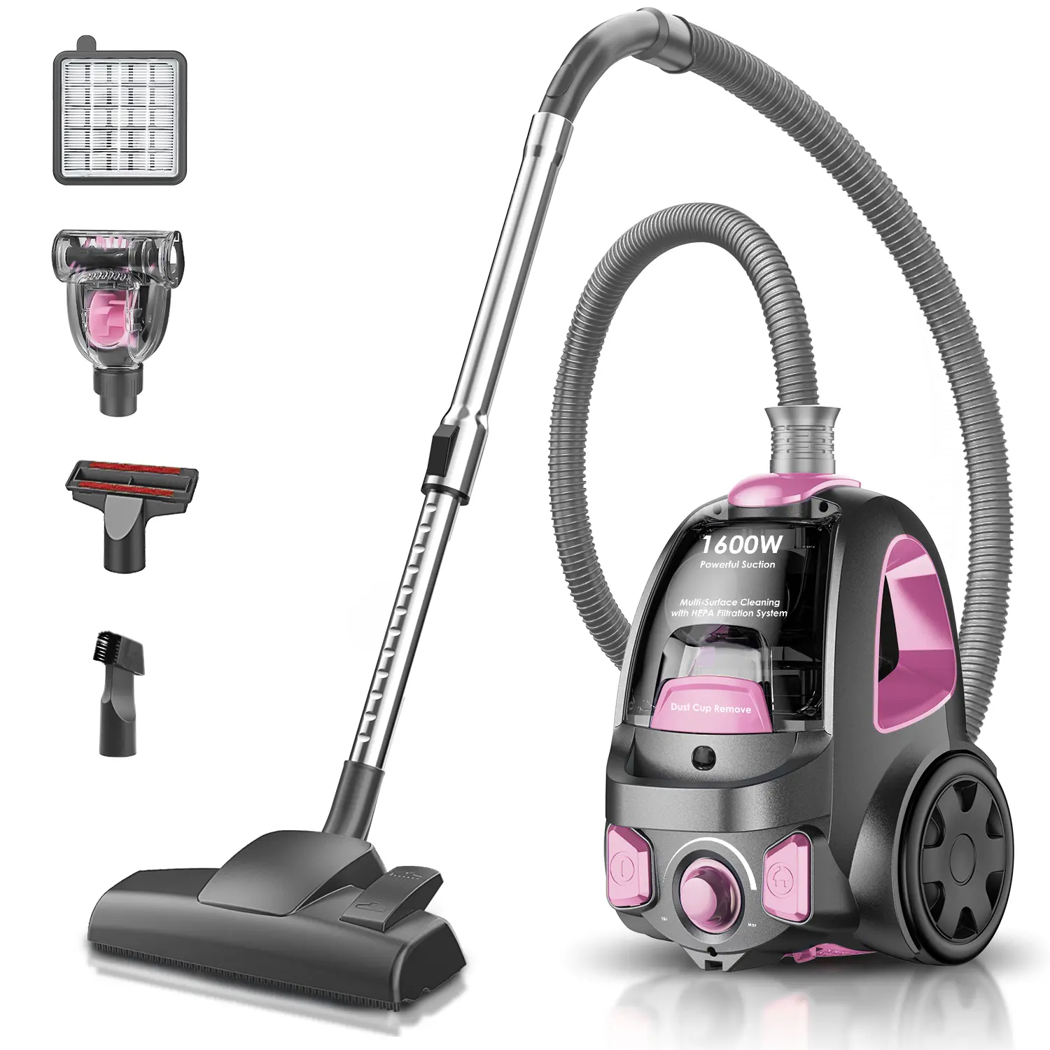 VICEASE 1600W Ultra-Powerful Corded Canister Vacuum, Bagless Corded Cylinder Vacuum, Auto Cord Rewind, H13 HEPA Filter, 3.7Qt Large Capacity, 5 Tools for Hard Floors, Pet Upholstery, Tiles, Car, Vacuums, Corded Cylinder Vacuums