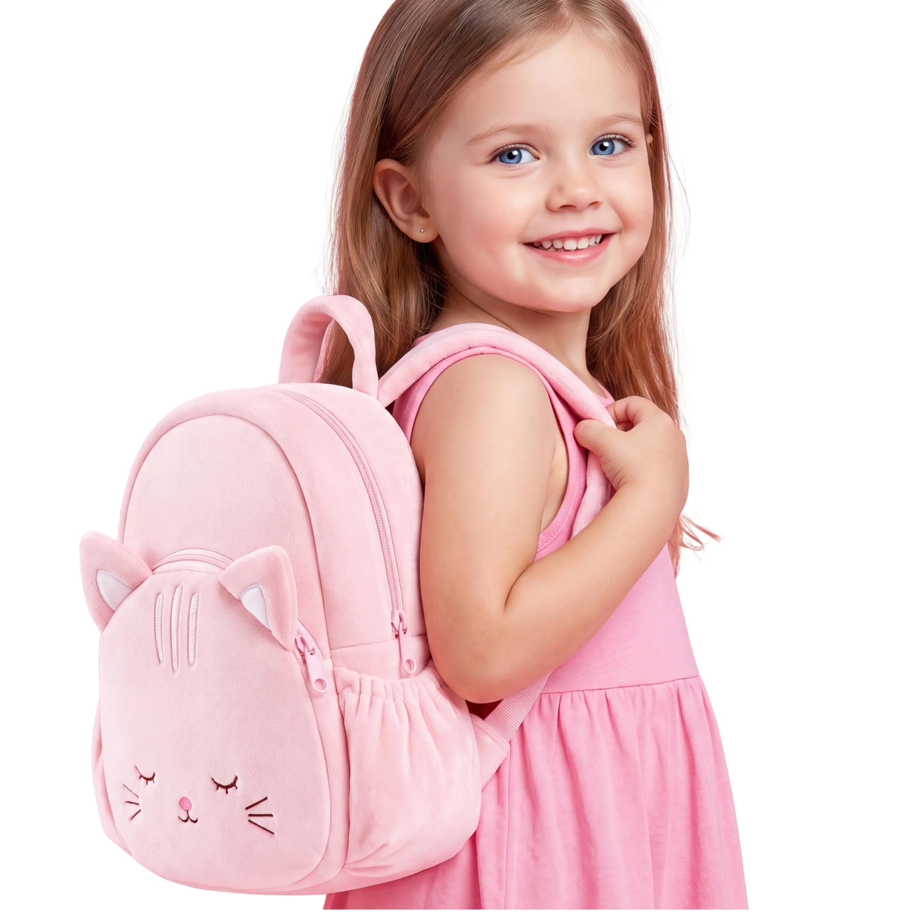 Kids' Toddler Backpack - 11in Large Capacity Organizer Bag with Embroidery Cute Cat & Unicorn Design, Double Zip Pockets, Water Bottle Holder, for Back to School First Day, Ages 2-8, Minimalist Style