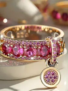 Luxury Female Rose Red Round Zirconia Stone Engagement Ring Yellow Gold Color Wedding Jewelry Bridal Rings For Women Elegant Artificial Gemstone Ring Artificial Zircon Rings