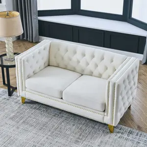 58" Velvet Loveseat Sofa Couch for Living Room,Button Tufted 2 Seater Couches with Nailhead Trims,Modern Upholstered 2-seat Sofas with Golden Metal Legs for Bedrooom,Office