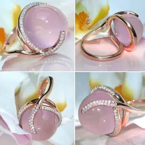 14k Rose Gold Ring Pink Pearl CZ Crystal Moonstone Wedding Ring for Women