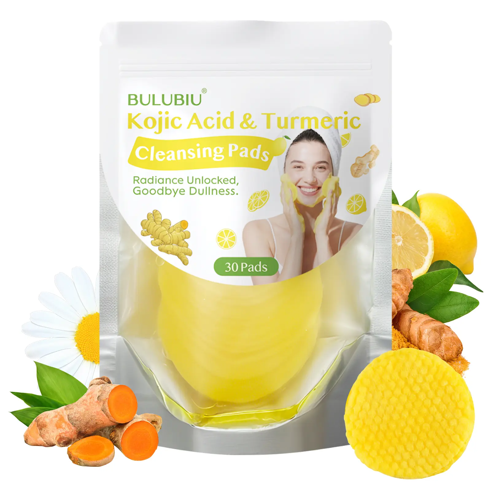 30-Count Organic Turmeric Kojic Acid Cleansing Wipes with Chamomile & Lemon - Skin Care Face Care Products for Cleansing, Exfoliating - Suitable for Men, Women, Acne Care