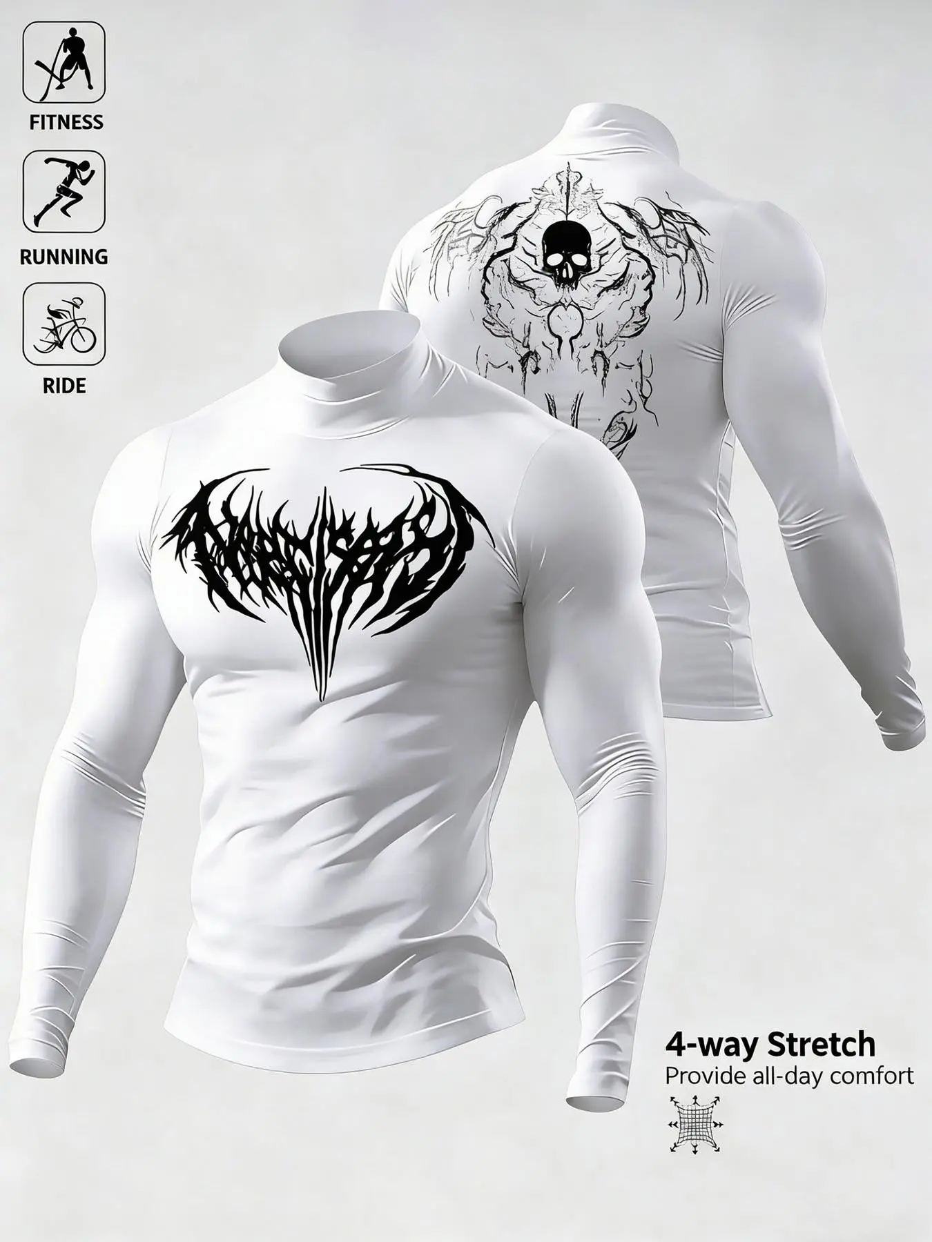 Unisex 4-Way Stretch All Season Activewear White Turtleneck Compression Shirt with Dark Metal Skull Print American Functional Fitness Running Long Sleeve Top