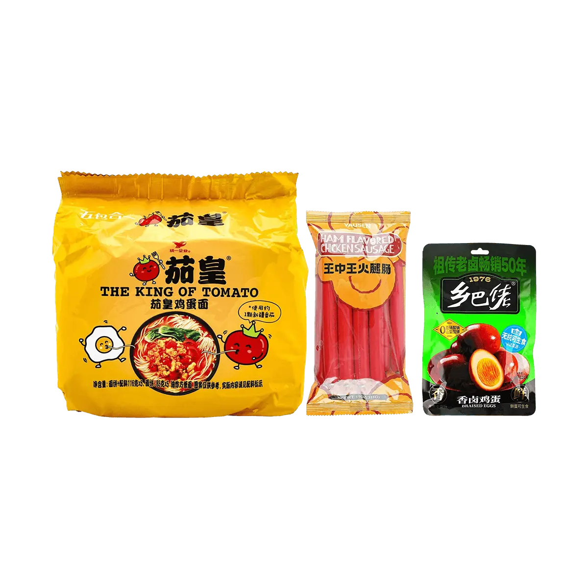 Uni-President Instant Noodles Tomato Egg Flavor - "Late Night Snack Combo" with Braised Egg & King of Kings Chicken Sausage