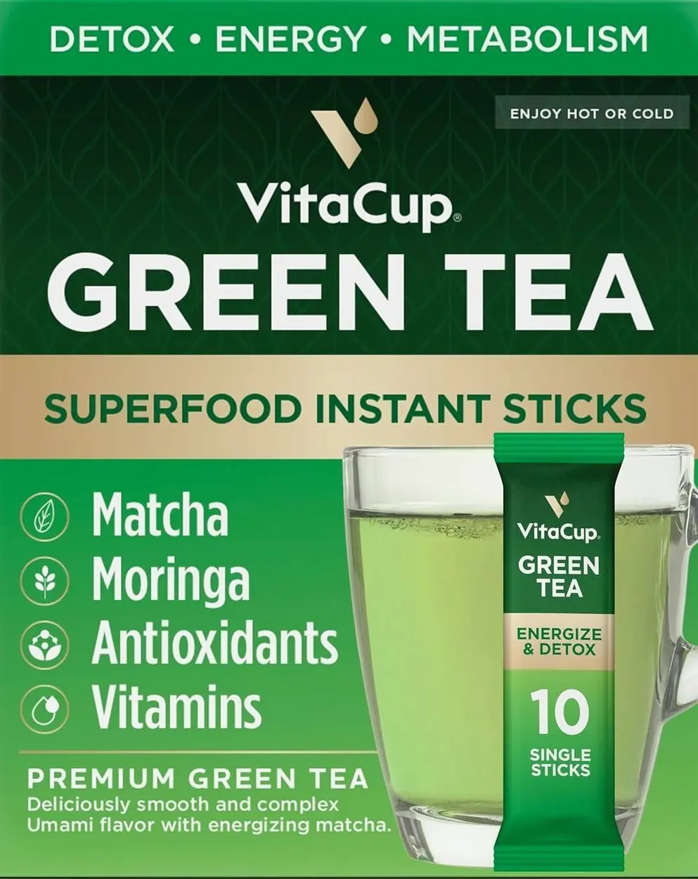 VitaCup Green Tea Instant Packets, Enhance Energy & Detox with Matcha, Moringa, B Vitamins, D3, Fiber, Keto, Paleo, Vegan in Tea Powder Single Serving Sticks, 10 Ct