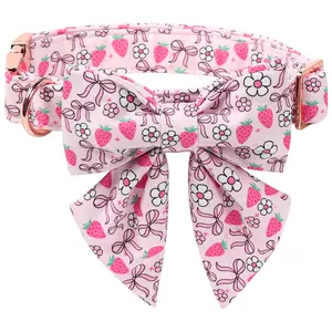 Lionet Paws Strawberry Floral Dog Collar with Sailor Bow – Spring Pink Bow Tie for All Size Dogs