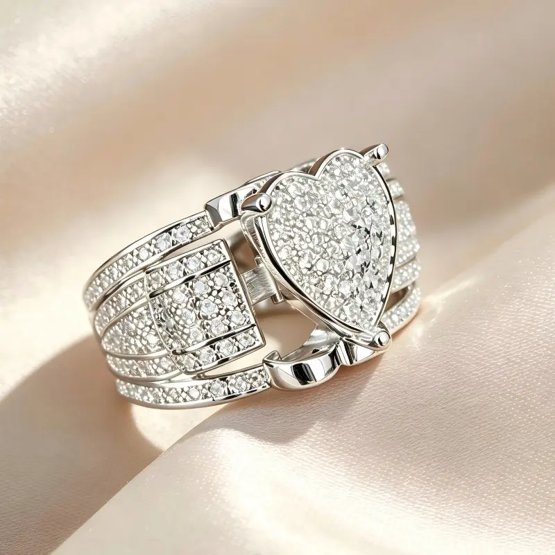 Heart‑Shaped Paved Statement Ring, Lock‑Inspired Multi‑Band Layered Finger Ring, Romantic Love‑Motif Cocktail Ring for Women Anniversary Party Gift