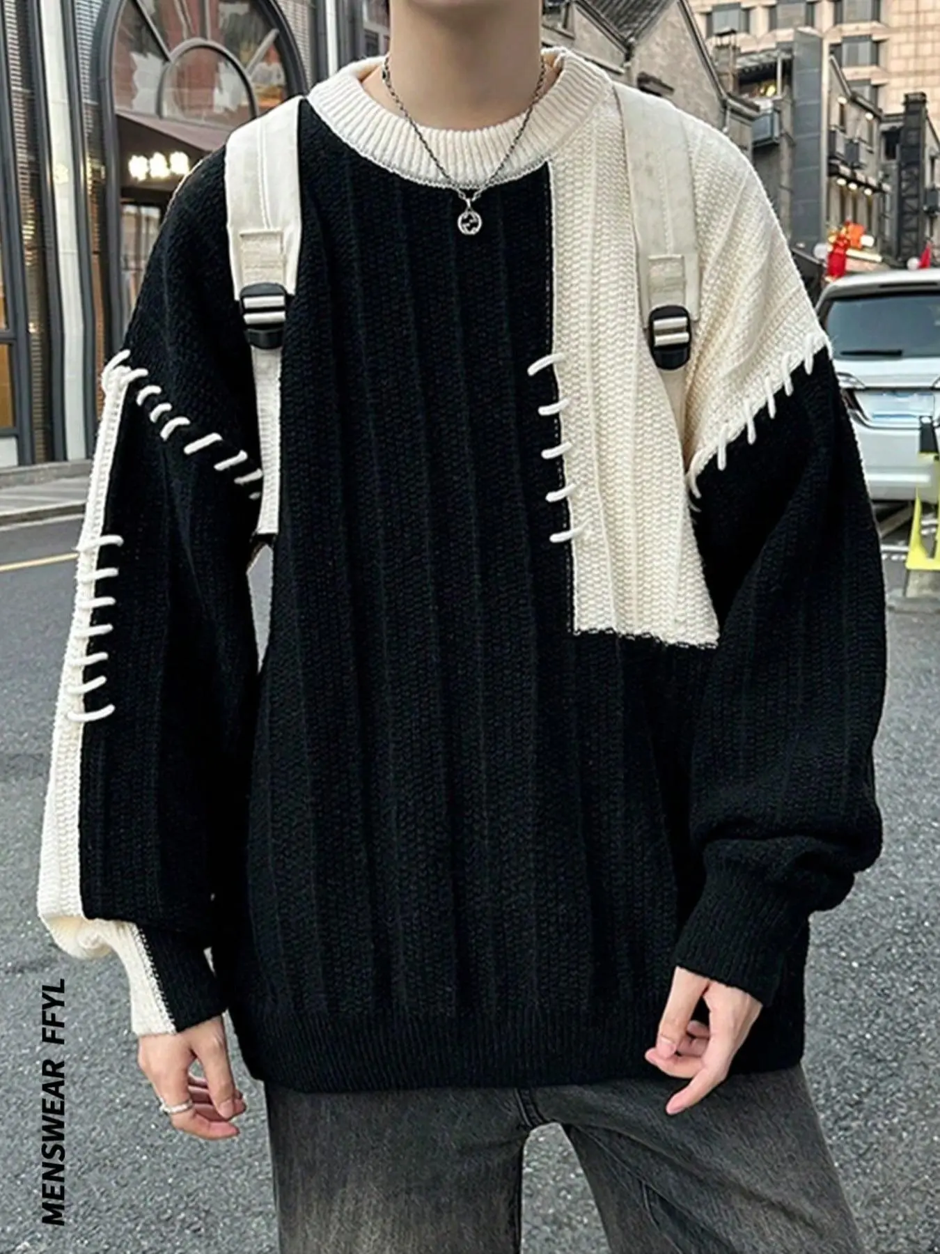 Men's Colorblock Patchwork Drop Shoulder Sweater, Casual Long Sleeve Round Neck Jumper for Fall & Winter, Fashion Men's Knitwear for Daily Wear, Menswear, Loose, Tops
