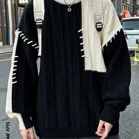 Men's Colorblock Patchwork Drop Shoulder Sweater, Casual Long Sleeve Round Neck Jumper for Fall & Winter, Fashion Men's Loose Knitted Pullover Knitwear for Daily Wear, Menswear, Loose, Tops
