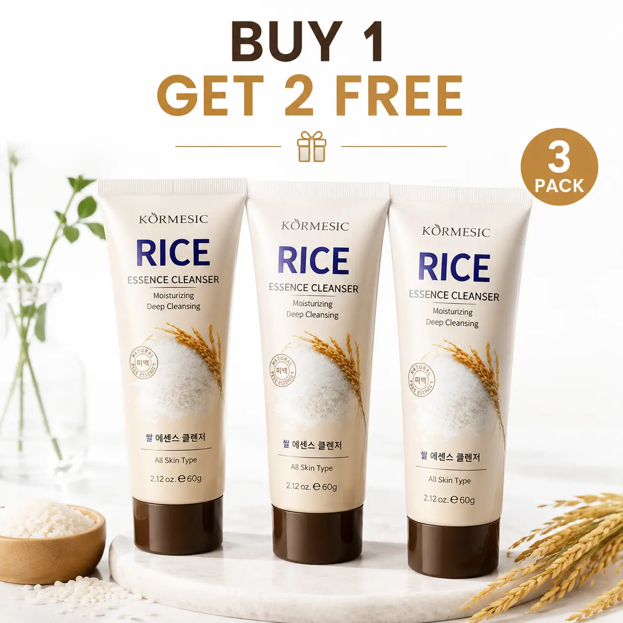 【BUY 1 GET 2 FREE】Rice facial cleanser, nicotinamide foam facial cleanser, mild facial cleanser – deep moisturizing, skin brightening and improving dull skin – 60g, suitable for sensitive muscles, both men and women