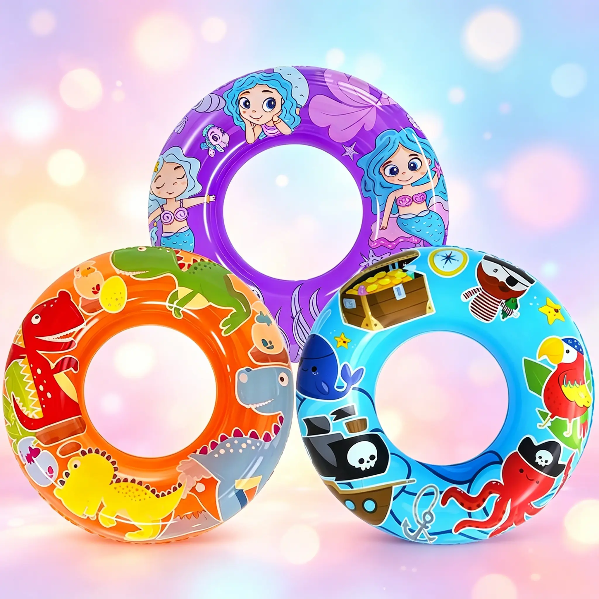 3-Pack Buoyant Inflatable Animal Swim Rings for Toddlers Ages 3-8, Sports Pool Beach Toys, Easy to Inflate & Deflate Foldable 27.5in Donut Floaties with Bright Colors & Cute Dinosaur/Pirate/Mermaid Patterns