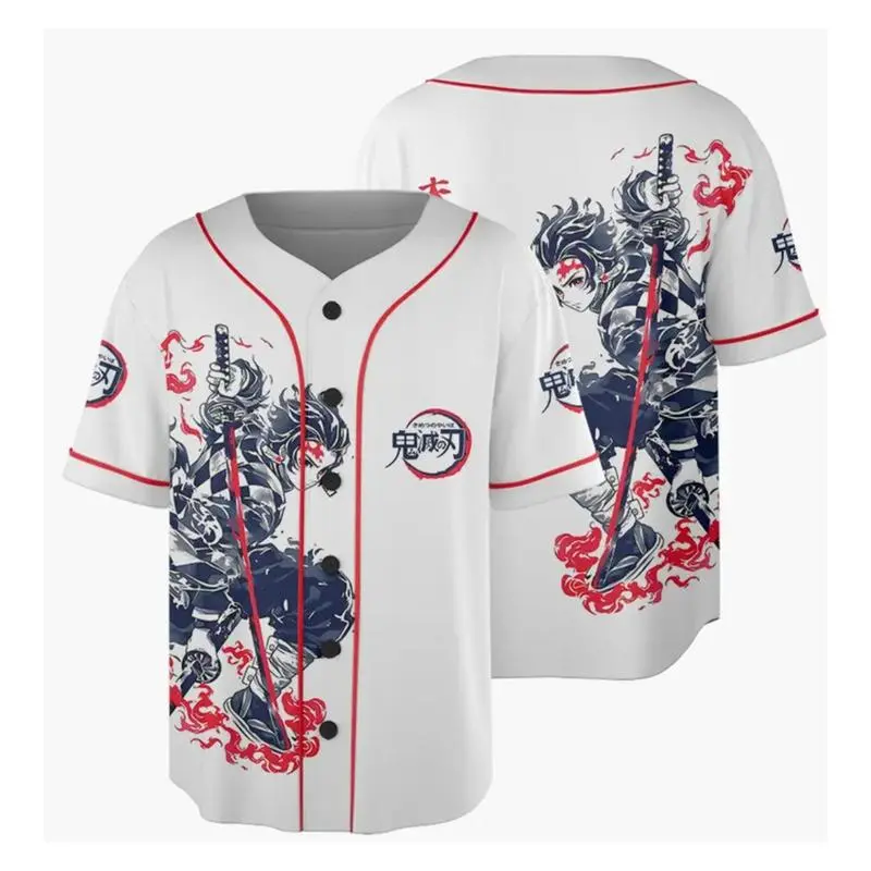 AniBase Club Demon Slayer Baseball Jersey Tanjiro Nezuko Fan Sport Jersey Premium All-Over Print 100% Polyester Warp Knitted Fabric XS-5XL Unisex Fit
