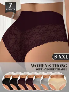 Women's Lace High Waist Thongs, Soft Breathable Knicker Comfort Panties, Multi Color Invisible Sexy Underwear, 7 Pack, S-Xxl, Soft Minimalist Panty