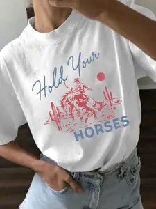 Trendy Retro Western Print T-Shirt, Hold Your Horses Denim Cactus Pattern Loose Fit Casual Top, Comfortable Y2K Streetwear for Back-To-School & Weekend Wear