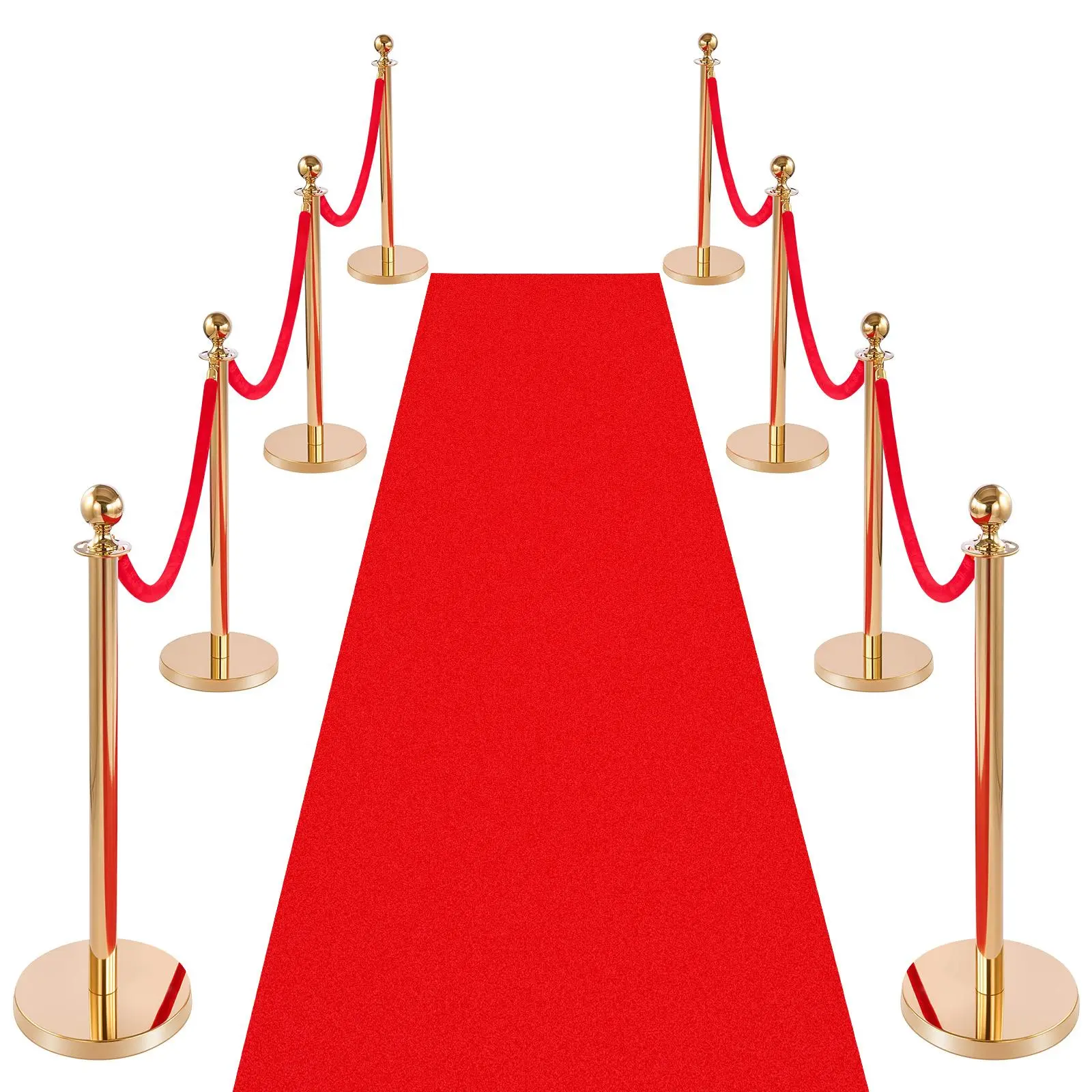 【Summerfinds】VEVOR 8-Piece Decorative Sturdy Stainless Steel Gold Stanchion Post Set, Tool-Free Setup Crowd Control Barrier with Rubber Ring Anti-Tip Hollow Base, 6 Red Velvet Ropes, Refillable Banner Stands (Fill with Sand/Water) for Weddings